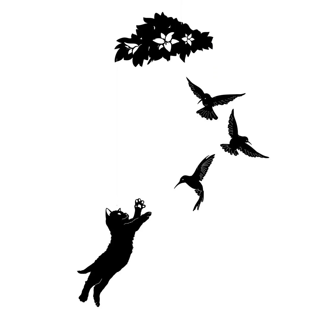 Gato y colibrís – móvil colgante decorativo