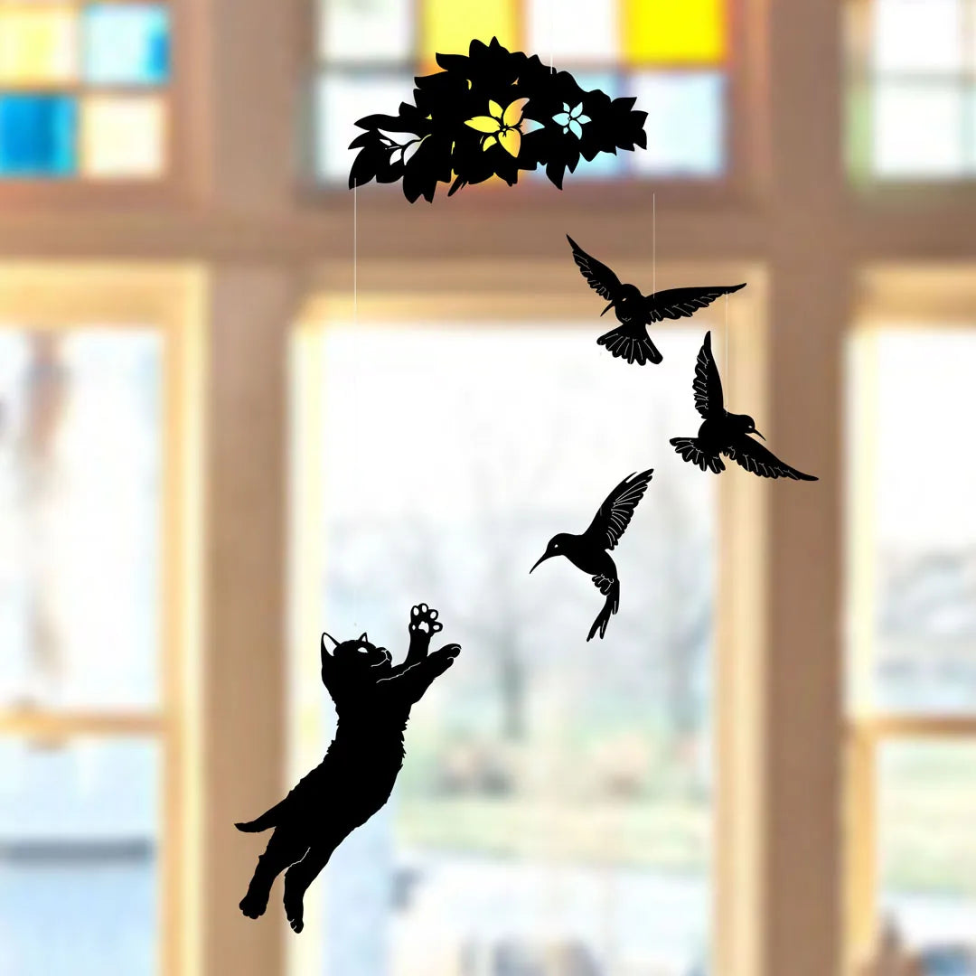 Gato y colibrís – móvil colgante decorativo